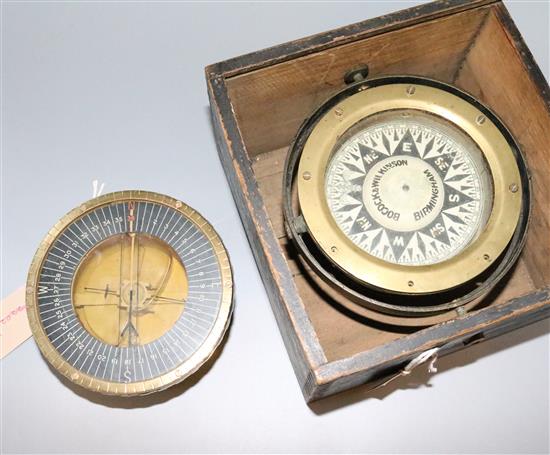 Bocock & Wilkinson dry card marine compass, gimbal-mounted, cased & a brass-cased liquid compass (unmounted)